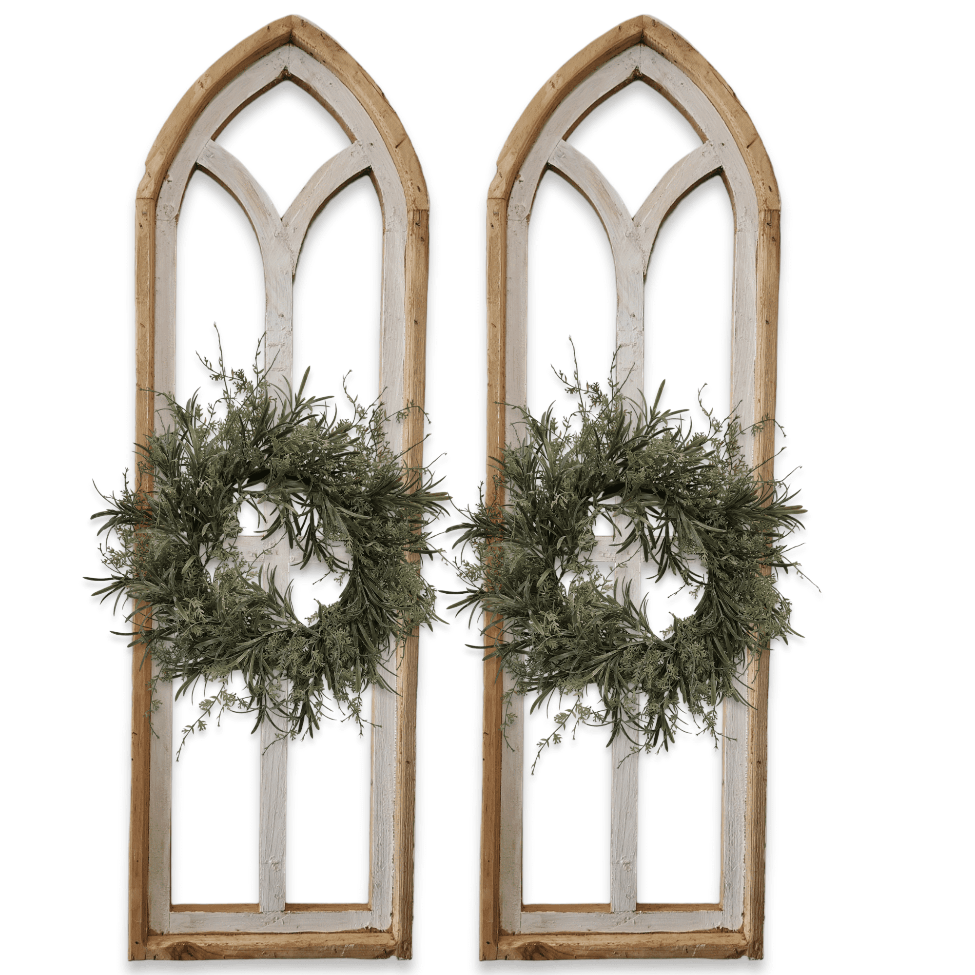 The Ivory Point Farmhouse Wooden Wall Window Arches Set of 2 -3 Sizes - Rustic Cathedral Wood Windows- Ivory Point wall windowsRanch Junkie